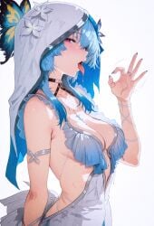 2d ai_generated blue_hair blue_nails breasts dress drooling fellatio_gesture from_side hi_res icosilveraiart looking_at_viewer medium_breasts open_mouth oral_invitation perky_breasts purple_eyes saliva self_upload the_shorekeeper_(wuthering_waves) tongue tongue_out veil wuthering_waves