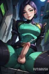 1futa ai_generated artist_name black_hair dickgirl futanari futarush green_eyes large_breasts medium_breasts patreon patreon_username riot_games short_hair sultryspark valorant viper_(valorant)