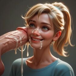 ai_generated big_penis blonde_hair cum_on_face female long_hair ponytail semen smile tilcox33