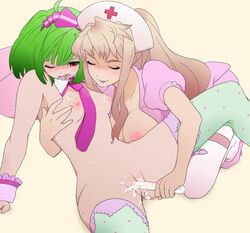 blush bow breasts closed_eyes clothing cum cum_inside drooling female green_hair hairbow hat insertion junjou_otome large_breasts long_hair macross macross_frontier multiple_girls necktie nipples nude nurse nurse_cap open_mouth pussy ranka_lee red_eyes saliva sheryl_nome short_hair small_breasts spread_legs stockings test_tube thighhighs wince wink wrist_cuffs yuri