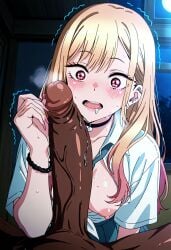 ai_generated akaz123 blonde_hair brown_penis drooling forearm_cock holding_penis horny_female imminent_fellatio imminent_oral kitagawa_marin large_penis long_hair medium_breasts multicolored_hair open_mouth open_shirt penis_awe red_eyes school_uniform schoolgirl shocked_expression sono_bisque_doll_wa_koi_wo_suru steaming_body surprised_expression sweating sweaty_breasts thick_penis trembling veiny_penis