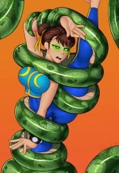 blue_clothing brown_hair capcom chun-li coiling coils g-lahndi hair_ribbon hypnosis hypnosis restrained snake street_fighter tights wrapped