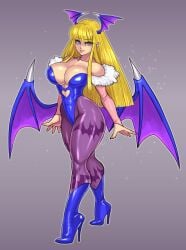 alternate_color blonde_hair blue_boots blue_high_heels blue_leotard blue_wings boots breasts cleavage darkstalkers demon_girl demon_wings female full_body grey_background head_wings high_heel_boots high_heels huge_breasts large_breasts leotard long_hair low_wings mature_female milf morrigan_aensland multiple_wings palette_swap pantyhose purple_pantyhose purple_wings seductive seductive_body seductive_eyes seductive_gaze seductive_look seductive_mouth seductive_pose seductive_smile simple_background solo tokisige wings