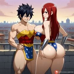 1boy 1girls ai_generated ass black_hair breasts city cosplay costume couple erza_scarlet fairy_tail gray_fullbuster red_hair sensual sexy wonder_woman