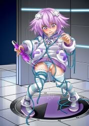 albyee choujigen_game_neptune female full_body hood hoodie neptune_(neptunia) neptune_(series) panties purple_eyes purple_hair pussy_juice rope shoes short_hair sneakers solo standing striped_clothes striped_panties striped_thighhighs thighhighs underwear