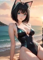 1girl 2d ai_generated ass athletic athletic_female bare_shoulders beach belly black_hair cat_ears cat_girl cat_tail chest cleavage curvy curvy_figure cute cute_face detailed eyelashes eyeshadow female female_only fit fit_female focus green_eyes high_leg_leotard high_quality hips isekai_shikkaku legs light-skinned_female light_skin lips lipstick looking_at_viewer makeup mascara medium_breats medium_hair midriff navel nero100 one-piece_swimsuit outdoors pale-skinned_female pale_skin perky_breasts petite_ petite_body posing seductive seductive_look serious serious_face short_hair skinny skinny_girl slim stable_diffusion swimsuit swimwear tama_(isekai_shikkaku) teenager thighs thin_waist wet