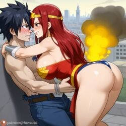 1boy 1girls ai_generated ass black_hair breasts city cosplay costume couple erza_scarlet fairy_tail gray_fullbuster red_hair sensual sexy wonder_woman