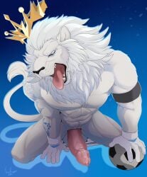 2025 abs absurd_res anthro armband ball balls barazoku biceps big_balls big_muscles big_penis blue_background crown epic_games erection felid foreskin fortnite fur genitals headgear hi_res huge_muscles humanoid_genitalia humanoid_penis kneeling lion lionel_messi looking_at_viewer male mammal mane muscular muscular_anthro muscular_male narrowed_eyes nude open_mouth pantherine pecs penis simple_background soccer_ball solo tattoo teeth thick_penis tongue tongue_out tuft unretracted_foreskin vein weskers wristband