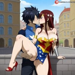 1boy 1girls ai_generated ass black_hair breasts city cosplay costume couple erza_scarlet fairy_tail gray_fullbuster red_hair sensual sexy wonder_woman