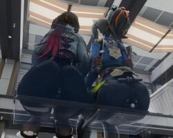 ass ass_focus back_view belle_(zenless_zone_zero) big_ass big_butt crush decodec giant giantess jane_doe_(zenless_zone_zero) macro micro tagme wise_(zenless_zone_zero) zhu_yuan