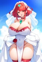 1girls ai_generated blush bridal_gloves bridal_veil choker dress dress_lift elbow_gloves huge_breasts novelai pelvic_curtain pyra pyra_(xenoblade) red_lips red_lipstick red_trim see-through_clothing solo tgm101_(artist) thighhighs thong wedding_dress white_hair xenoblade_(series) xenoblade_chronicles_2