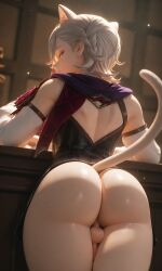 1boy ai_generated arched_back ass ass_focus cat_ears cat_tail catboy chronoai dick femboy from_behind gay genshin_impact lyney_(genshin_impact) otoko_no_ko penis silver_hair solo thick thick_thighs twink uncensored wide_hips yaoi