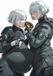 2girls ai_generated ben03020 big_belly bodysuit dutch_flag eating feedee feeder feederism iana_(rainbow_six) netherlands_flag rainbow_six_siege stuffed_belly white_hair yellow_eyes