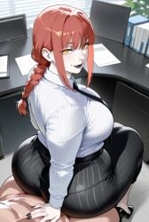 1boy 1girls ai_generated astrawaifu big_ass big_butt chainsaw_man clothed_female_nude_male light-skinned_female light-skinned_male makima_(chainsaw_man) office_lady pale-skinned_female red_hair sitting_on_lap sitting_on_person teasing teasing_viewer yellow_eyes