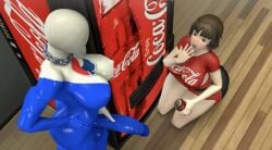 big_breasts blue_penis blush futa_on_female large_penis makoto_niijima muscular_female penis_awe persona shirtless soda suprised theboobedone vending_machine