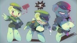 16:9 2025 anthro areola biped bottomless breasts cleavage clothed clothing female flippy_(htf) fur genitals green_body green_fur happy_tree_friends hat headgear headwear hi_res holding_knife holding_object knife looking_at_viewer mammal nipples pussy rodent sachsech205 sciurid smile smirk solo speech_bubble standing teeth tree_squirrel widescreen