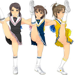 3girls blush cheerleader clothing female gossa-tei high_kick kicking multiple_girls no_panties no_panties_under_skirt ponytail pubic_hair pussy skirt smile sneakers tied_hair twintails uncensored upskirt