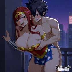 1boy 1girls ai_generated ass black_hair breasts city cosplay costume couple erza_scarlet fairy_tail gray_fullbuster red_hair sensual sexy wonder_woman