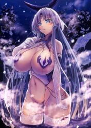 blue_eyes blush breast_curtains breasts cleavage cross echocalypse female_only forehead_jewel gloves headgear huge_breasts levia_(echocalypse) long_hair navel night official_alternate_costume onsen revealing_clothes ryo_(sora-ryu) solo steam thighhighs wading water