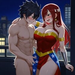 1boy 1girls ai_generated ass black_hair breasts city cosplay costume couple erza_scarlet fairy_tail gray_fullbuster red_hair sensual sexy wonder_woman