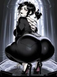 1girls ai_generated ashley_graves astrawaifu big_ass big_butt black_hair goth goth_girl large_ass light-skinned_female looking_at_viewer pale-skinned_female pink_eyes squatting the_coffin_of_andy_and_leyley