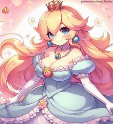 1girls aegis_elysium ai_art ai_generated blonde_hair blue_dress blue_eyes blush blushing_at_viewer breasts cleavage crown dress earrings female_focus flower fruit gem hair_ornament headpiece highres huge_breasts jewelry large_breasts long_hair looking_at_viewer mario_(series) navel nintendo patreon patreon_username peach princess princess_peach smile solo solo_focus standing super_mario_bros. super_mario_galaxy thick thick_breasts tiara tree very_long_hair