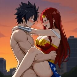 1boy 1girls ai_generated ass black_hair breasts city cosplay costume couple erza_scarlet fairy_tail gray_fullbuster red_hair sensual sexy wonder_woman