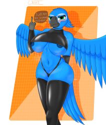 20th_century_fox 20th_century_studios absurd_res annoyed anthro areola areola_slip avian big_breasts bird black_latex blue_nipples blue_sky_studios blue_tail blue_wings blush bodily_fluids breasts clothing female g-string genitals gesture green_eyes hand_gesture hi_res huge_breasts jewel_(rio) latex latex_clothing latex_legwear legwear low-angle_view macaw mean middle_finger musk musk_clouds neotropical_parrot nipples onyxmeow parrot pussy rio_(series) simple_background solo spix's_macaw sweat tail talking_to_viewer text thick_thighs thong true_parrot under_boob underwear wide_hips wings