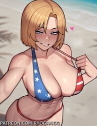 1girls 2d ai_generated american_flag_bikini big_breasts blonde_hair blue_eyes cowboy_hat dead_or_alive female pulling_bikini_string ryogangg seductive_look selfie selfie_pose short_hair tina_armstrong