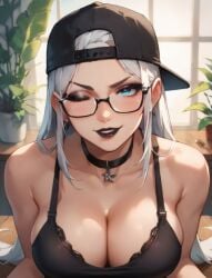 ai ai_generated allouette_(subboy01) backwards_hat black_lipstick black_nails blue_eyes bra cleavage glasses hat lipstick nail_polish original original_character subboy01 tank_top white_hair