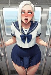 ahe_gao ai_generated ametraxus angel_dove erection_under_clothes femboy feminine_male leaking_cum long_hair orgasm_face public school_uniform sissy white_hair