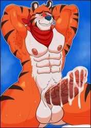 balls big_penis black_stripes blue_nose blush breasts cock cocky cum_mess dick edogast horny looking_at_own_penis looking_at_penis muscles muscular naked orange_fur penis tony_the_tiger whiskers white_abs white_pecs