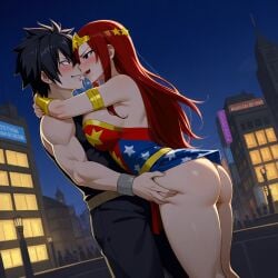 1boy 1girls ai_generated ass black_hair breasts city cosplay costume couple erza_scarlet fairy_tail gray_fullbuster red_hair sensual sexy wonder_woman