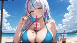 ai_generated beach bikini heart-shaped_pupils silver_hair