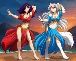 2025 2girls 4_toes 5_fingers 5_toes anthro belly_dancer belly_dancer_outfit blue_eyes blue_outfit blush bottomwear breasts claws closed_eyes clothed clothed_anthro clothed_female clothed_human clothing colored colored_version conditional_dnp dancing deviantart digital_media_(artwork) duo ears feet female finger_claws fingers front_view fur furry grey_hair hair hair_over_one_eye half_human half_wolf handpaw hi_res human keidran light-skinned_female long_hair looking_at_another maren_taverndatter navel paws raine_silverlock red_outfit silver_hair simple_background skirt smile standing tail toe_claws toes tom_fischbach twokinds white_fur wide_hips wolf wolf_girl