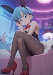 1girls ai_generated blue_eyes blue_hair blush bow bulma_briefs bunny_ears bunnysuit civitai dragon_ball_daima female flat_chest heels legs_crossed looking_at_viewer pantyhose petite short_hair shortstack sitting smile viewed_from_below