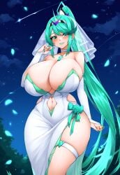 1girl ai_generated bare_shoulders blush bow breasts_bigger_than_head bridal_gauntlets bridal_veil cleavage corsage cute dress_slit elbow_gloves green_lips green_lipstick green_nails green_trim huge_breasts innerboob massive_breasts navel_cutout novelai pneuma pneuma_(xenoblade) sexy side_slit skindentation smile solo tgm101_(artist) thick_thighs thigh_strap thin_waist transparent_clothing wedding_dress wide_hips xenoblade_(series) xenoblade_chronicles_2