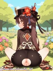 ai_generated anus ass ass_cutout bike_shorts brown_dress brown_hair female flower_in_hat flowers from_behind garden genshin_impact grass hat hu_tao_(genshin_impact) legs looking_at_viewer looking_back orange_eyes patreon_username pussy smile sweetie_art twintails white_skin