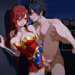 1boy 1girls ai_generated ass black_hair breasts city cosplay costume couple erza_scarlet fairy_tail gray_fullbuster red_hair sensual sexy wonder_woman