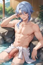 ai_generated boy exposed_penis genshin_impact hot_spring kamisato_ayato naked penis_out yaoi