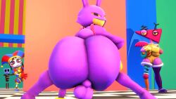 1boy 3d 3d_animation 3girls animated anthro anus ass ass_clapping balls big_ass bottom_heavy bottomless bottomless_male brown_hair bubble_butt clapping_cheeks clothing fat_ass female furry gangle_(the_amazing_digital_circus) huge_ass jax_(the_amazing_digital_circus) jester jester_hat jiggle jiggling_ass lagomorph large_ass looking_at_viewer looking_back male male_focus massive_ass penis pomni_(the_amazing_digital_circus) presenting presenting_hindquarters purple_body rabbit shinyagaia showing_off showing_off_ass smile sound tail the_amazing_digital_circus thick_ass thick_thighs thunder_thighs twerking video wide_hips yellow_eyes zooble_(the_amazing_digital_circus)