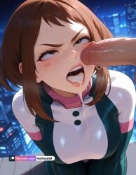 ai_generated boku_no_hero_academia cum cum_in_mouth female female_only hotload-8 penis penis_on_face uraraka_ochako waifu_diffusion