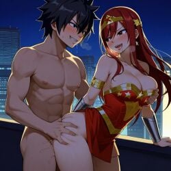 1boy 1girls ai_generated ass black_hair breasts city cosplay costume couple erza_scarlet fairy_tail gray_fullbuster red_hair sensual sexy wonder_woman