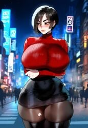 ada_wong ai_generated arms_under_breasts ass ass_focus big_ass big_breasts big_butt big_thighs black_hair blush brown_eyes city clothing curvy curvy_female curvy_figure dijiai female female_only focus from_front_position front_view hourglass_figure looking_away mommy night nsfw outdoors pantyhose resident_evil round_ass round_butt short_hair skirt standing steaming_body street sweater thiccwithaq_(ai_style) thick thick_ass thick_butt thick_legs thick_thighs thigh_boots thighhighs thighs wide_hips