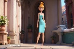 1girls ai_generated blonde_hair blue_dress despicable_me despicable_me_4 dress green_eyes hi_res jewelry looking_at_viewer lucy_wilde plant potted_plant progenarts sandals smile solo standing watermark web_address