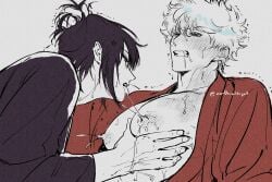 2boys angry big_pecs blush breastfeeding clenched_teeth earthnattapat gay gintama gintoki_sakata hair_grab hair_pull japanese_clothes kimono lactation male male_lactation male_only milk open_kimono pec_grab pec_grasp pecs restricted_palette sweat takasugi_shinsuke trembling upper_body yaoi