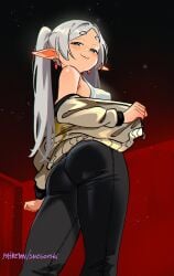 1girls :3 accessory ass ass_focus bare_shoulders bedroom_eyes big_ass black_clothing black_legwear black_pants blush breasts closed_mouth commentary cosplay covered_erect_nipples covered_nipples curvaceous curvy curvy_female curvy_figure cute drive_(film) drive_(movie) driver_(drive) driver_(drive)_(cosplay) earrings elf elf_ears elf_female elf_girl english_commentary female female_focus female_only frieren frieren_beyond_journey's_end from_behind green_eyes grey_hair half-closed_eyes hi_res high_resolution highres indoors jacket jewelry light-skinned_female light_skin long_ears long_hair long_sleeves looking_at_viewer looking_back low-angle_view mature mature_female medium_breasts milf narrowed_eyes pants parted_bangs patreon_username pointy_ears ponytail pov_eye_contact sideboob silver_hair smile smiling smirk snegovski solo solo_female solo_focus sousou_no_frieren strap_gap tagme thick_eyebrows thick_thighs thighs tied_hair twintails undressing viewed_from_below voluptuous voluptuous_female white_hair worm's-eye_view zipper zipper_pull_tab