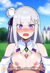 1boy 1girls ai_generated cum cum_on_breasts embarrassed embarrassed_female emilia_(re:zero) gloves long_hair natsuki_subaru nipples paizuri public public_nudity public_sex purple_eyes re:zero_kara_hajimeru_isekai_seikatsu sex small_breasts straight wedding_dress white_hair