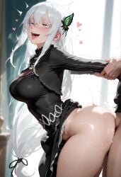 1boy ai_generated arm_pull big_ass big_breasts black_dress blush breathing clothed clothed_sex curvy dress drool drooling echidna_(re:zero) female floating_heart from_side glasscheesecake hair_ribbon hearts_around_head indoors lifted_dress long_hair open_mouth patreon patreon_username pleasure_face pulling_arms purple_eyes re:zero_kara_hajimeru_isekai_seikatsu rolling_eyes rough_sex saliva sex_from_behind sexy sideview small_waist steam straight sweat thick_thighs tongue_out white_hair