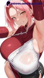 2025 2d ai ai_assisted ai_generated alternate_breast_size anime anime_style arm_up armpits arstist_name bare_shoulders blush boruto:_naruto_next_generations breasts china_dress chinese_clothes covered_nipples curvy dress elbow_gloves female gloves grin hairband hi_res high_quality high_resolution highres huge_breasts looking_at_viewer naruto naruto_(series) naruto_shippuden orange_eyes parted_bangs parted_lips patreon patreon_username pelvic_curtain pink_hair red_dress red_gloves red_hairband sakura_haruno shirt short_hair side_slit simple_background skypassion sleeveless smile solo stable_diffision sweat tagme thighs watermark wet wet_clothes white_background